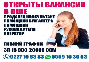 Открыты вакансии в Оше. Помощник руководителя. Продавец консультант. Помощник бухгалтера. Оператор