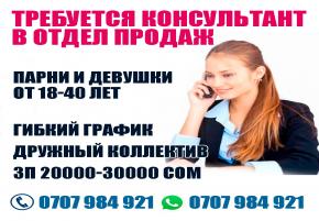 Требуется консультант в отдел продаж. Гибкий график. ЗП 20000-30000 сом