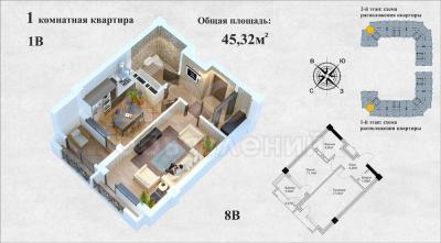 Продаю 1-комнатную квартиру, 45.32кв. м., этаж - 3/10, Аалы Токомбаева / Сухе- Батора.